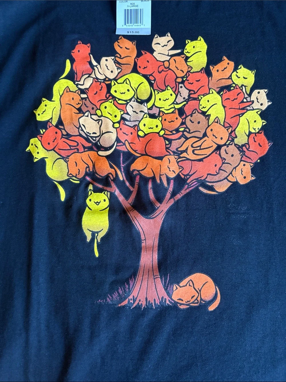 Black Graphic Tee with Colorful Cat Tree NWT